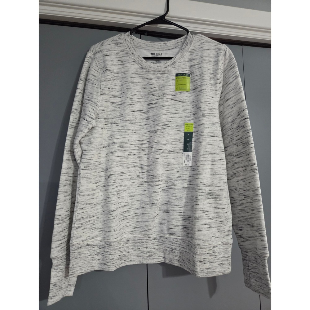 NWT Tek Gear Ultrasoft Fleece Sweatshirt Size M White Black Space Dye Thumbhole